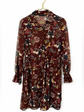 Zara Burgundy Floral Sheer Blouse with Multicolor Blooms